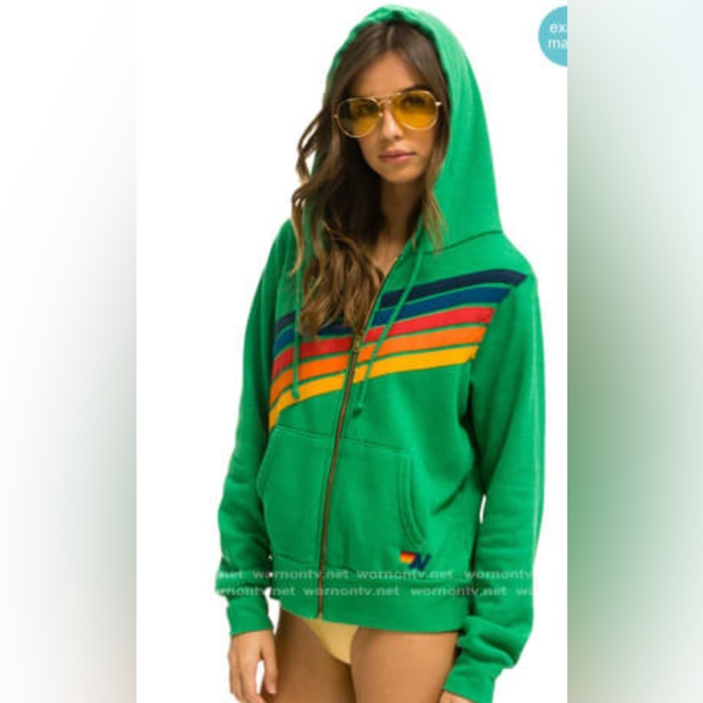 Aviator Nation Green Zip-up Hoodie Cross Rainbow Stripes Medium